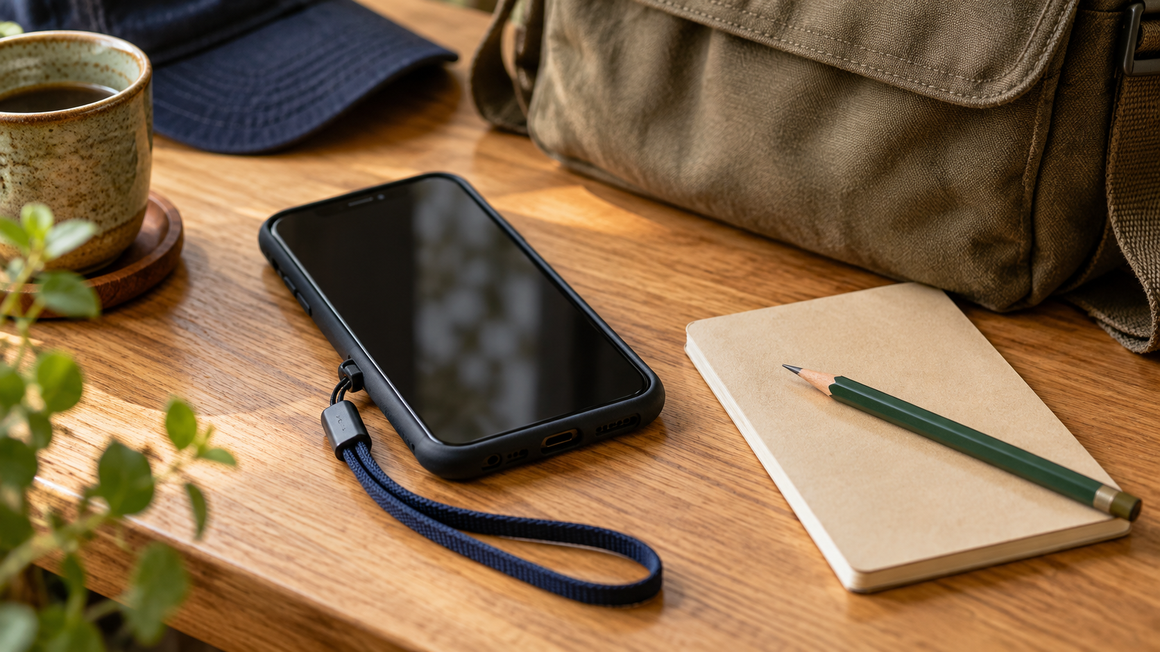 スマートフォン用の短いストラップと小型ノートのイメージ